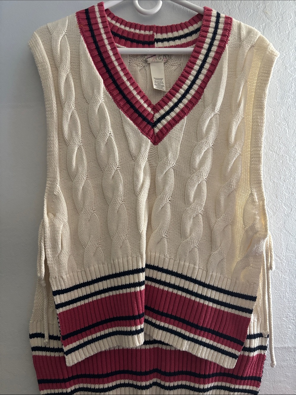 Free People Cream Cable-Knit V-Neck Sweater Vest with Pink and Navy Stripes